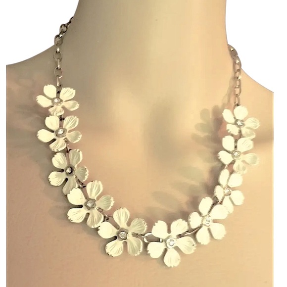 1960's Enameled & Rhinestone Daisy Flower Necklace on Brass Chain - Picture 2 of 9